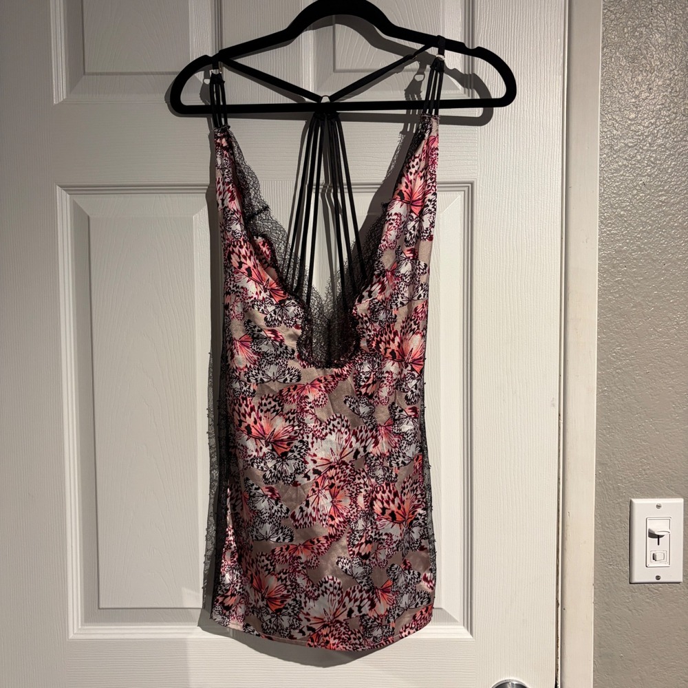 Victorias Secret Pink Butterfly Print Lace Trim Cage Back Satin Slip Dress M